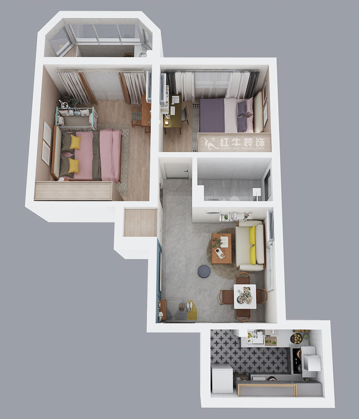 高灵慧｜卫岗西路12号1-303-75㎡-北欧风格｜2室1厅1卫｜老房装修｜定制家￥78695｜全包8万｜00_04鸟瞰图